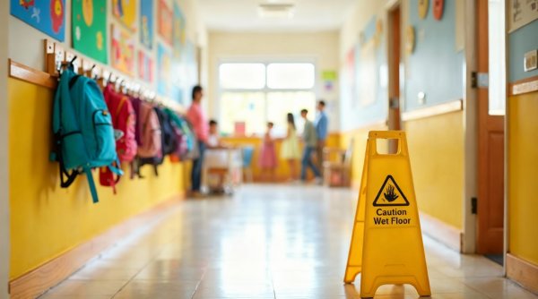 Preschool entrance hallway with wet floor sign