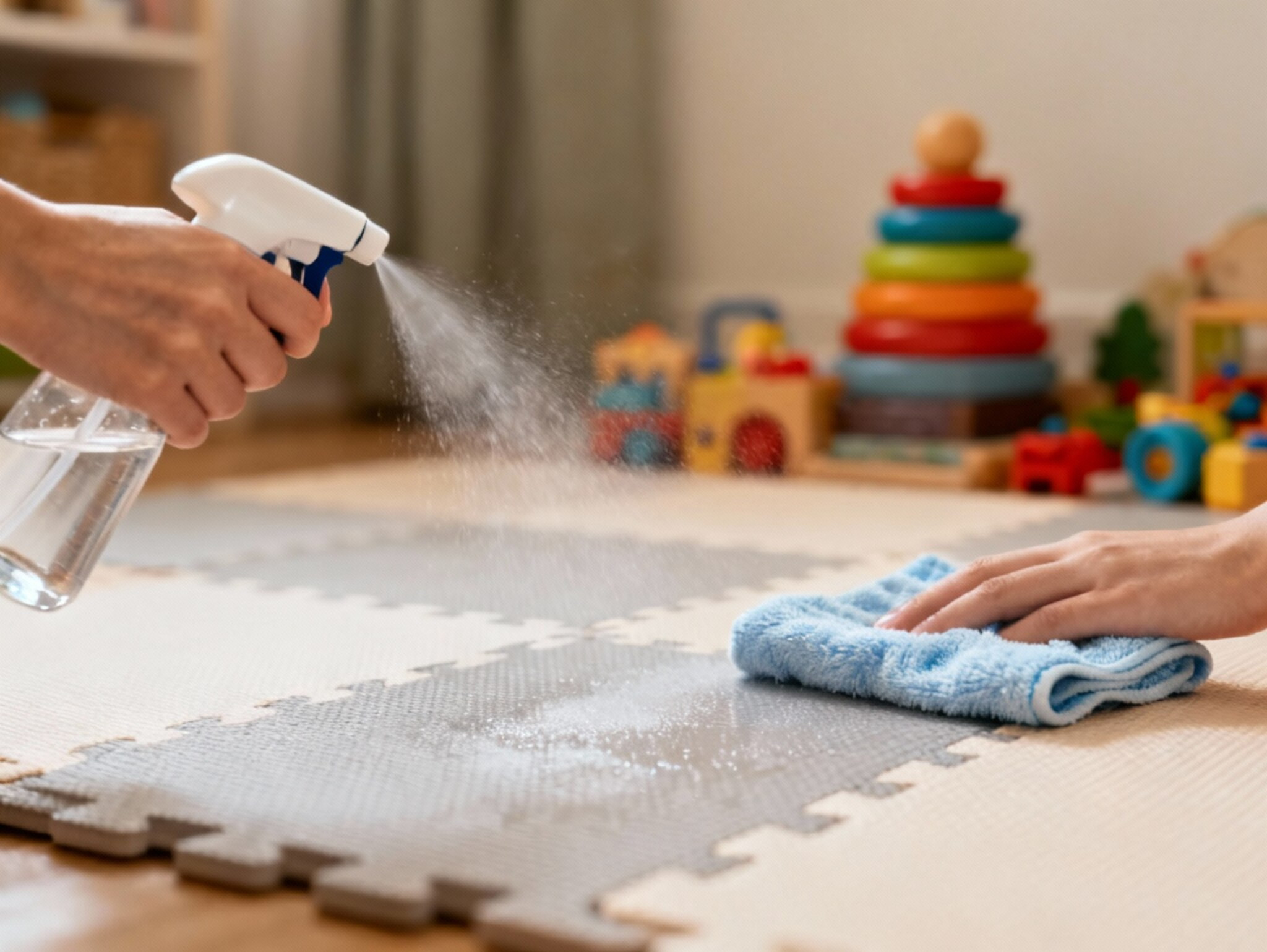 Sanitising soft play mats with sprayer