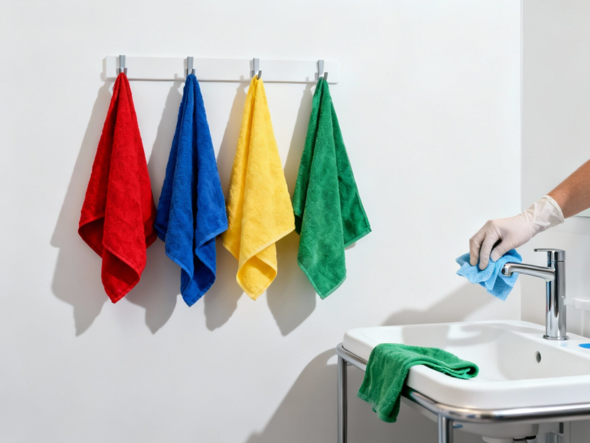 Colour-coded cleaning cloths in washroom