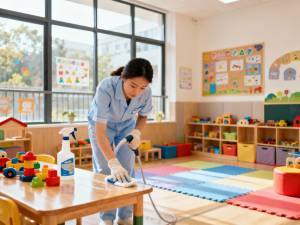 Professional cleaner doing daily cleaning in a modern preschool classroom