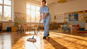 Eastern European professional cleaner working in modern preschool classroom during early morning hours