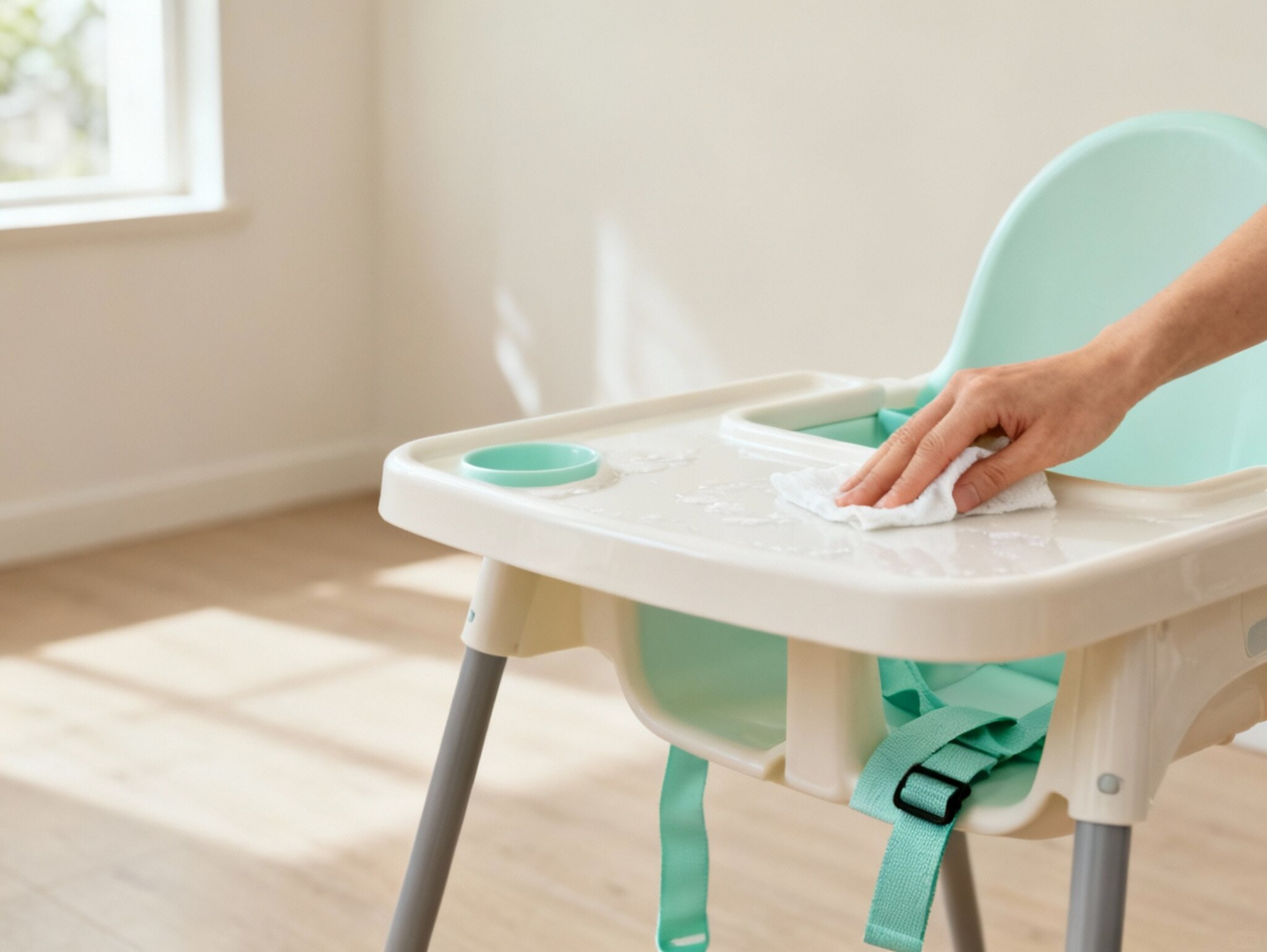 Snack table cleaning - cleaning high-chair tray with food-safe wipe